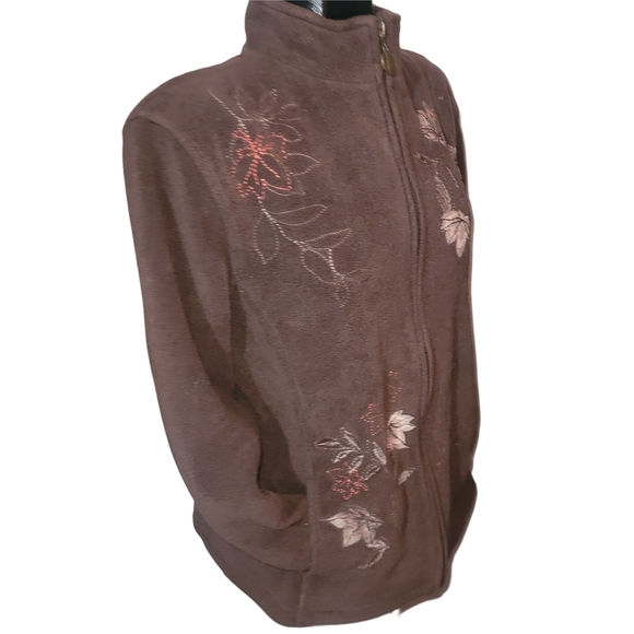 Northern Reflections 90's Brown Leaf Embroidered Fleece Zip Up Jacket L - Picture 2 of 7